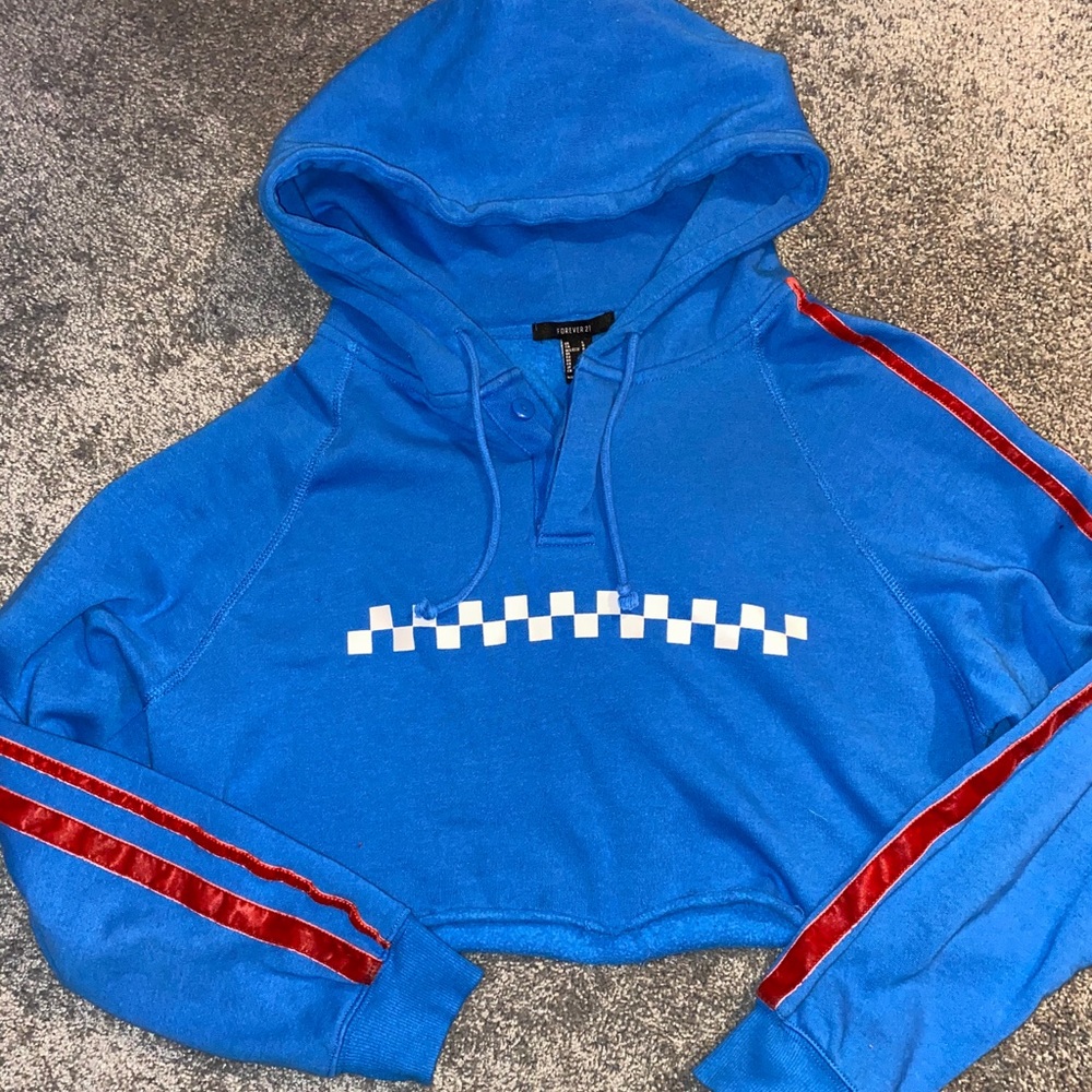 Forever 21 Blue & Red Striped Cropped Hoodie